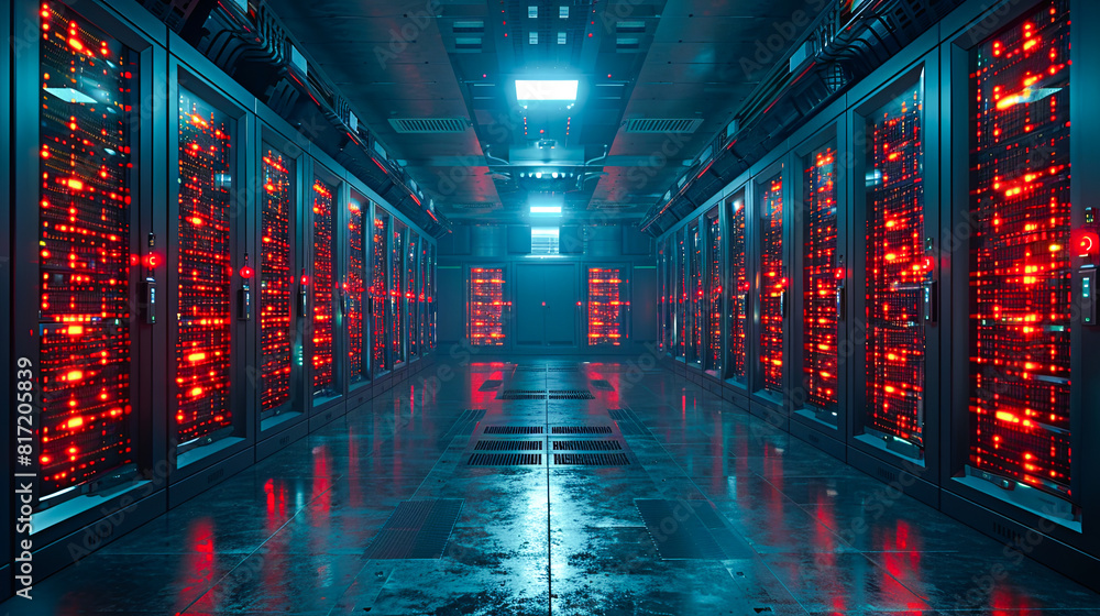 Poster dark server room data center with rows of hard drives. 3d rendering