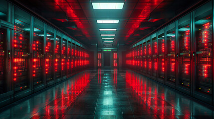 Fototapeta premium Dark server room data center with red lights. 3D rendering.
