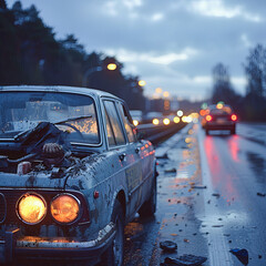 Old car on the road at night in the rain. Selective focus.