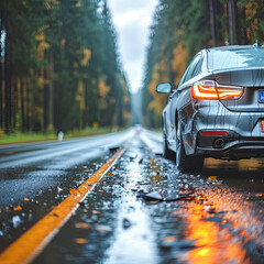 Wet asphalt road in the autumn forest. Car on the road.