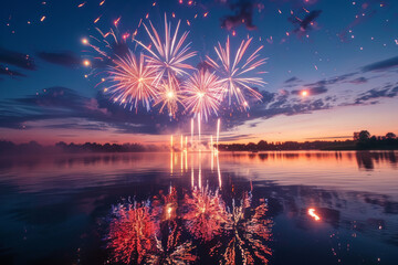 Stunning firework display over a lake during a warm summer night, creating reflections in the water.. AI generated.