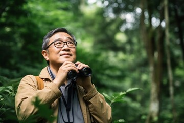 senior asian man watching bird while holding binocular in an eco forest camp. hobbies, nature addicted, and nature lover