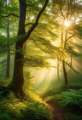 misty forest bathed sunrise light, foggy, dawn, morning, haze, fog, mistiness, dawning, dawnlight, golden, sunup, rays, sunbeams, glow, bright, glowing