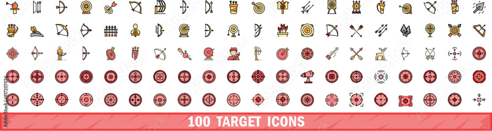 Poster 100 target icons set. color line set of target vector icons thin line color flat on white