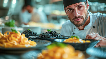 Chef serving alternative noodles in gourmet kitchen black alternative trendy noodles charcoal or black bean pasta . Good for culinary recepies and helthy food articles.