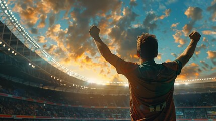 Fototapeta na wymiar A man is standing in a stadium watching a soccer game. Football fan celebrating a goal or victory