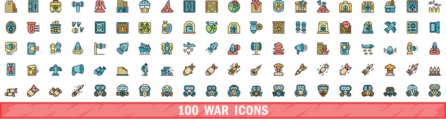 100 war icons set. Color line set of war vector icons thin line color flat on white