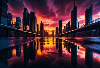 Fototapeta premium moody urban streets dramatic lighting, cityscape, scene, atmosphere, buildings, architecture, shadows, evening, dark, mysterious, alleys, city, town