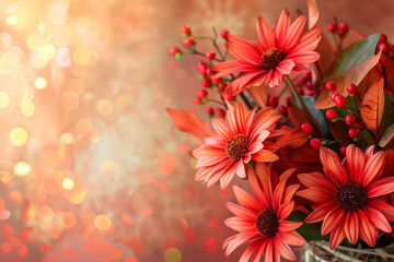 Fototapeta premium In the image, a vibrant bouquet of red flowers captivates the eye with its rich hues and delicate petals. The arrangement exudes warmth and passion, with each bloom adding depth .