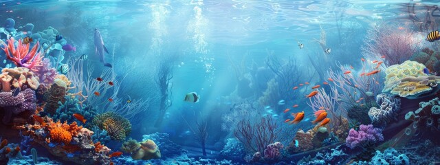 A calming, underwater background with fish, corals, and gentle waves.