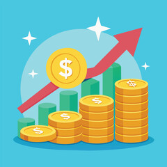  Business growth illustration for smart investment concept. Profit performance or income with pile coins symbol of return on investment ROI