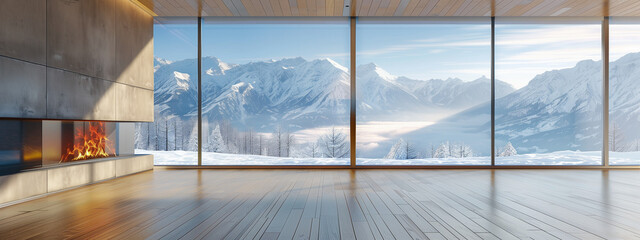 A contemporary, empty house with a wide view of the snow-capped mountains is breathtaking. Spacious interior with panoramic windows, wooden floors and a fireplace