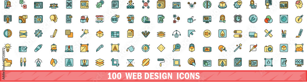 Poster 100 web design icons set. color line set of web design vector icons thin line color flat on white