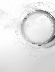 Abstract grey and white technology background with various tech elements, conveying a hi-tech communication concept and innovation. Includes circle empty space for your text