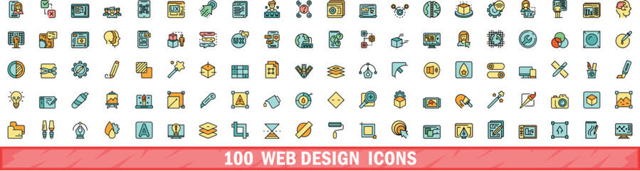 100 web design icons set. Color line set of web design vector icons thin line color flat on white