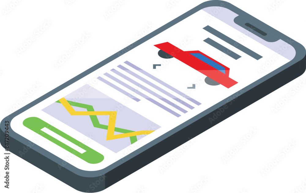 Poster isometric illustration of a modern smartphone displaying colorful notifications and bar graphs