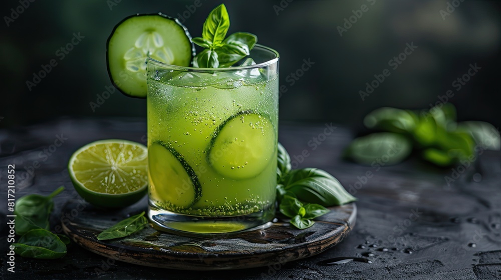 Poster a glass of green cucumber juice with a slice of lime on the side. the juice is served on a wooden ta