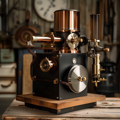 Naklejka premium Stylish Coffee Roaster on Wooden Surface – A Must-Have for Coffee Lovers