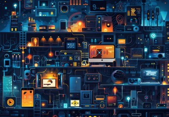 Fototapeta premium An artwork illustrating the interconnectedness of IoT devices, showcasing data exchange and communication between sensors and actuators.