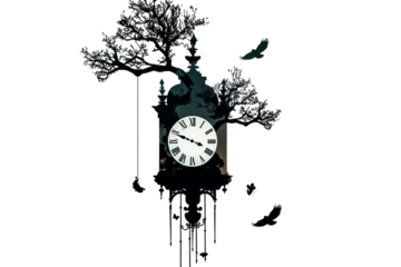 Surreal Clock with Tree and Bird Silhouettes