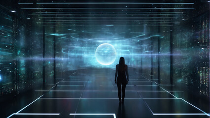 artificial intelligence in the shape of a woman standing in a virtual cyber space environment