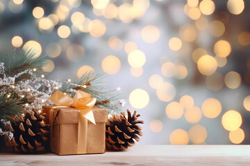 christmas and new year background - gift boxes and pine cones and branches on the background of bokeh garlands