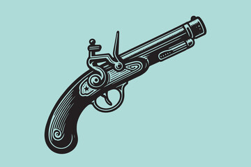 Old pirate musket, pistol. Beautiful vintage engraving vector illustration. Black outline	