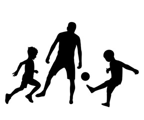 Family silhouettes. Father playing football with children. Vector illustration	