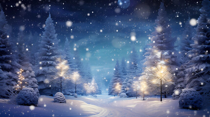 Magical snow forest with christmas trees and glowing lights