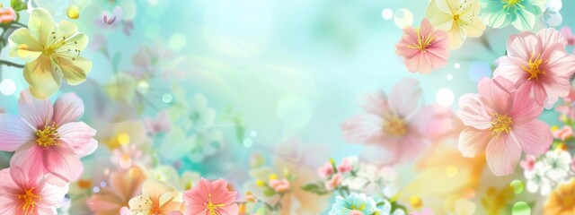 Fototapeta premium A cheerful, spring-themed background with blooming flowers and pastel colors.