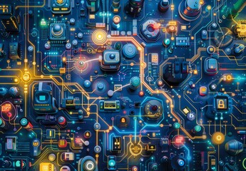 Fototapeta premium An artwork illustrating the interconnectedness of IoT devices, showcasing data exchange and communication between sensors and actuators.