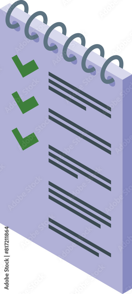 Poster isometric 3d illustration of a spiral notebook with a checklist and green check marks