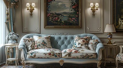 A classical living room with a blue floral sofa placed in the middle, side table in classic style,...