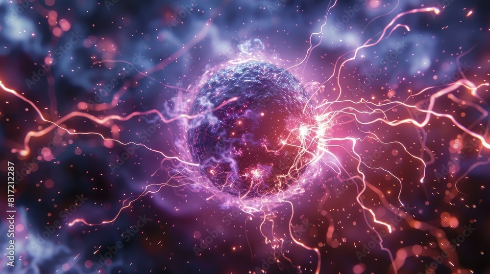 Poster a scene of a plasma ball, with a background of particles of light and electricity. generative ai.