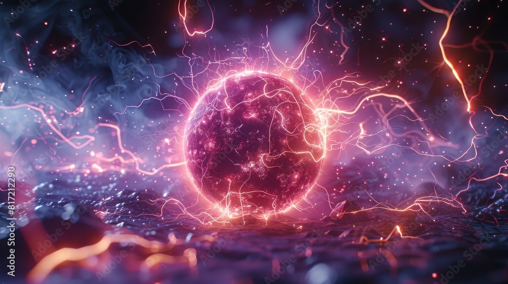 Poster a scene of a plasma ball, with a background of particles of light and electricity. generative ai.