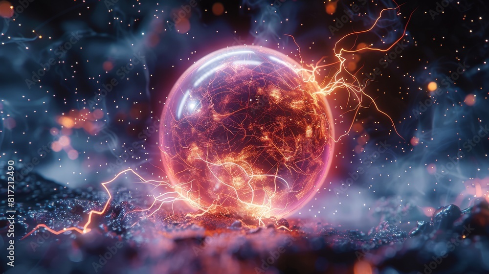 Poster a scene of a plasma ball, with a background of particles of light and electricity. generative ai.