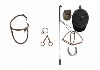 Jockey hat,wooden yoke for horse and bridle isolated on white background