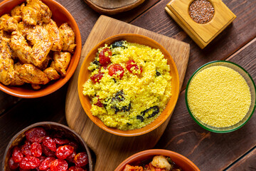 Traditional oriental lunch couscous vegetables, chicken and dried fruits