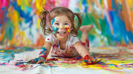 little artist proudly displaying their painted hands, smiling brightly