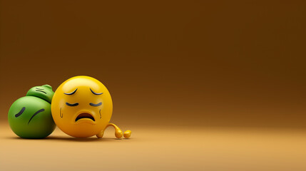 A minimalist 3D  of a yellow confused emoji next to a green sleeping emoji, both on a solid brown background, juxtaposing clarity and oblivion.