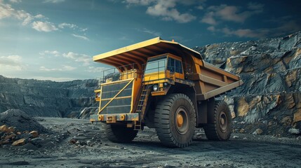 A large yellow dump truck is driving through a rocky area