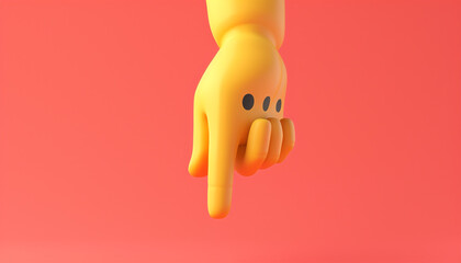 A minimalist 3D  of a single yellow hand pointing down emoji with hands, on a solid coral background.