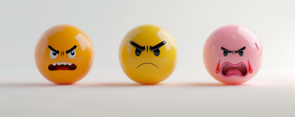 A minimalist 3D  of three emojis: a yellow frightened, an orange relieved, and a pink disgusted emoji, all on a solid white background.