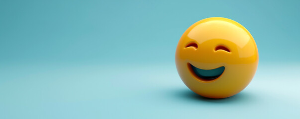 A minimalist 3D  of a single yellow playful emoji on a solid soft blue background.