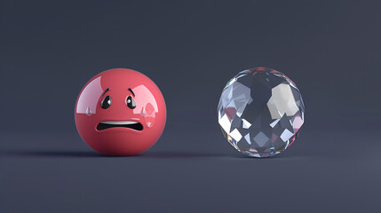 A photorealistic 3D  of a pastel red embarrassed emoji next to a crystal clear elated emoji, both on a solid navy background, contrasting shyness and exuberance.