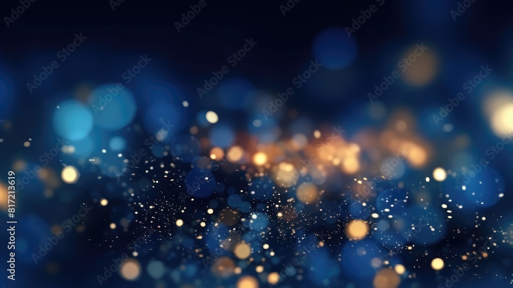 Poster bokeh lights on a gradient blue background. numerous sparkly gold particles of various sizes scatter