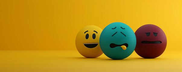 A minimalist 3D  of three emojis: a yellow delighted, a teal solemn, and a burgundy bashful emoji, all on a solid yellow background.