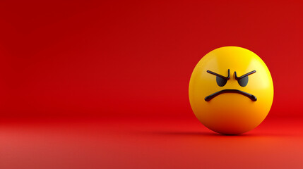 A minimalist 3D  of a single yellow frustrated emoji on a solid bright red background.