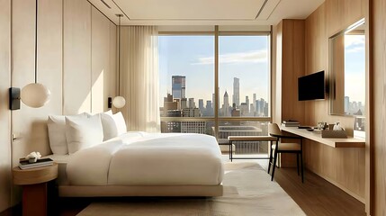 A minimalist hotel room with a king-sized bed, work desk, and a view of the city skyline.