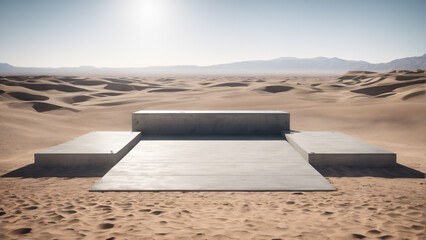 Product podium made of concrete in the middle of a desert. Highly detailed and realistic illustration